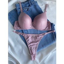 Gold Night Kadın Deri Taşlı Fiyonklu Balenli Destekli Dolgulu Push Up Sütyen Takımı Iç Çamaşırı Takımı