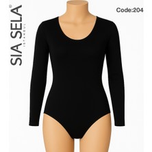 Belpa Sıla Sella Kadın Siyah Uzun Kollu Yuvarlak Yaka Body
