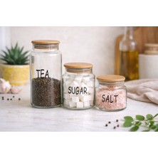 Durina Living 3 Lü Ahşap Kapaklı Cam Saklama  Kavanozu ÇAY-ŞEKER-TUZ-1300-830-630ML Şeffaf Etiketli