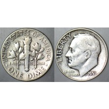 Banknoting Amerika 1 Dime 1951 Gümüş One Dıme. Roosevelt Portreli. 2,5 Gr.