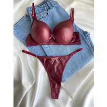 Gold Night Kadın Deri Taşlı Fiyonklu Balenli Destekli Dolgulu Push Up Sütyen Takımı Iç Çamaşırı Takımı