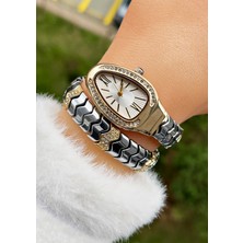 Weluxa Altın - Gümüş Çift Renk Taşlı Yılan Model Vintage Kadın Kol Saati