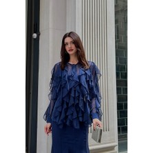 Klex Kadın Volanlı Şifon Bluz – Transparan Kollu, Şık ve Zarif Tasarım