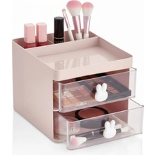 Fesya Home Bunny 2 Çekmeceli Makyaj Organizeri Bölmeli Fırça Kozmetik Makyaj Düzenleyici Organizer - Pembe