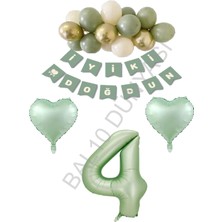 Bal10 Dünyası BAL10 Yeşil Renk Rakam Kalp Banner Latex Balon Doğum Günü Seti Yaş-4