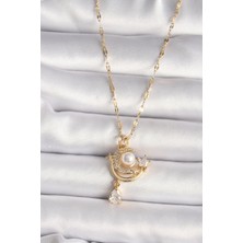 Net Damla 316L Gold Renk Zirkon Taşlı Ay Yıldız Model Sallantı Detay Kadın Kolye