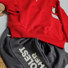 Moda Rüyası Erkek Çocuk Alt Üst Kırmızı Eşofman Takımı Penguen Baskılı