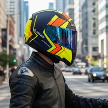 Ls2 Rapıd 2 Extra Mat Neon Sarı-Navy Mavi Kask (Mavi Vizör + Şeffaf Vizör)