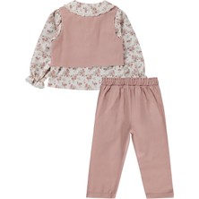 Lüks Kumru Tekstil Civil Girls Yelek Pantolon Çiçekli Gömlek 3 Lü 2-5 Yaş Takım - Pembe 5-6 Yaş