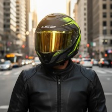 Ls2 Stream 2 Fury Mat Siyah-Gri-Neon Sarı Kask (Gold Vizör)