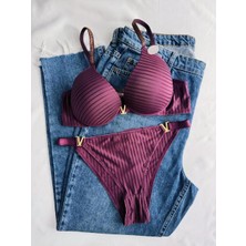 Gold Night Kadın Taşlı Çizgili V Model Destekli Balenli Sütyen Takım Iç Çamaşırı Takımı