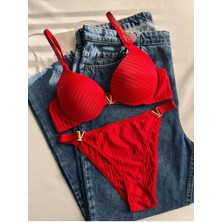 Gold Night Kadın Taşlı Çizgili V Model Destekli Balenli Sütyen Takım Iç Çamaşırı Takımı