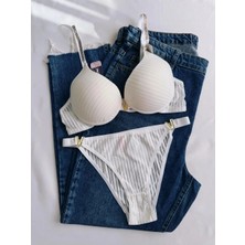 Gold Night Kadın Taşlı Çizgili V Model Destekli Balenli Sütyen Takım Iç Çamaşırı Takımı