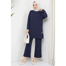 Tesettür Diyarı Bol Kesim Tuniği Bisiklet Yaka Alt Üst Tesettür Takım- Lacivert