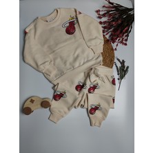 Moda Rüyası Basketbol Temalı Bej Sweatshirt Eşofman Erkek Çocuk Alt Üst Takım