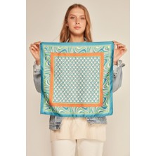Marsel Su Yeşili - Kiremit Geometrik Desenli Saten Bandana Fular