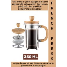 Wintoup Premium Isıya Dayanıklı Kahve Demleme Bitki Çayı Ahşap Kapak Sap Detaylı Cam French Press 350 ml