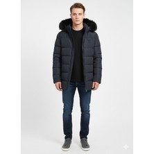 Burberry Yapak Kürklü Kapüşonlu Lacivert Erkek Kaban