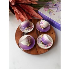 Rossev Porselen Türk Kahve Fincanı Takımı Lilora 6 Kişilik – Lila Çiçek Desenli 90 ml