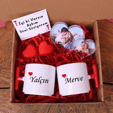 Zoommatik Sevgiliye Hediye Isimli 2'li Kupa Bardak, Çift Kalpli  Fotoğraflı Işıltılı Kar Küresi Çerçeve, Kalp Mumlu Romantik Hediye Seti