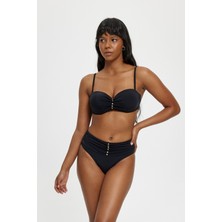 Louren Kadın Straplez Boncuk Detaylı Bikini Takımı – Yüksek Bel Alt, Çıkarılabilir Askılı, Siyah & Mavi