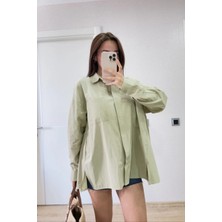 Poplin Kadın Yakalı Yandan Yırtmaçlı Arka Pens Detaylı Gömlek - Yeşil