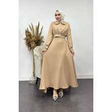 Tesettür Diyarı Nadide Sofya Keten Etekli Takım-Krem