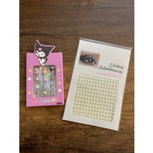 Gülümse Gel 1 Paket Kuromi Çocuk Takma Tırnak ve 1 Kart  Makyaj Yüz Taşı Inci Sticker Set Hello Kitty My Melody