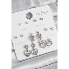 Eco Lounge Pirinç Gümüş Renk Sallantı Zirkon Taşlı Kalp Model Düğüm Detay 7 Çift Kadın Küpe Seti