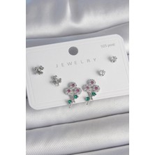 Eco Lounge Pirinç Gümüş Renk Renkli Zirkon Taşlı Çiçek Model Yaprak Detay 925 Ayar Gümüş Çivi Kadın Küpe Seti