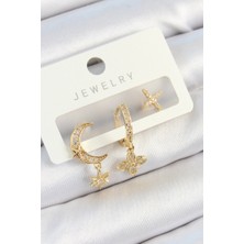 Eco Lounge Pirinç Zirkon Taşlı Çiçek ve Ay Model Gold Renk 3'lü Çift Kadın Küpe Set