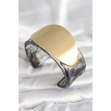 Eco Lounge Siyah Mermer Desen Akrilik Plastik Gold Oval Plaka Model Vintage Kadın Bilezik