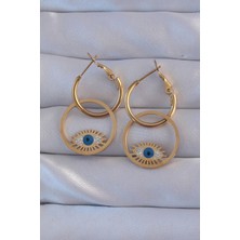 Eco Lounge 316L Çelik Gold Renk Zirkon Taşlı Mavi Göz Tasarımlı Halka Küpe