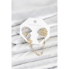 Eco Lounge Kiraz Model Pirinç Gold Renk Zincir Bağlantılı Ear Cuff Küpe Seti