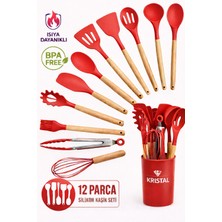 12 Parça Isıya Dayanıklı Yanmaz Yapışmaz Silikon Servis Seti Gerçek Kayın Ağacı Saplı