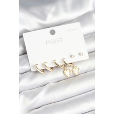 Eco Lounge Pirinç Gold Renk Kalp Detaylı 925 Ayar Gümüş Çivili Kadın Küpe Seti