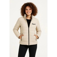 Kadın Mikro Su Itici Kapitone Baskılı Astarlı Fermuarlı Bomber Mont - Bej