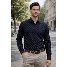 COLVİ'S MAN Erkek Siyah Klasik Regular Fit Likralı Baskılı Uzun Kol Gömlek