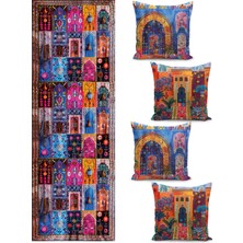 Filamente Ramazan Temalı Dörtlü Kırlent Kılıfı ve Runer Seti / Çift Taraflı Dijital Baskılı