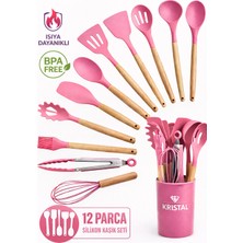 12 Parça Isıya Dayanıklı Yanmaz Yapışmaz Silikon Servis Seti Gerçek Kayın Ağacı Saplı