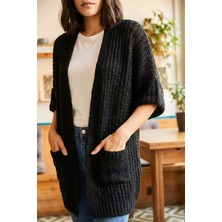 Crystalia Cep Detaylı Örme Koyu Gri Kadın Hırka