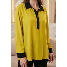 Crystalia Yaka ve Manşetleri Siyah Polo Yaka Sarı Bluz