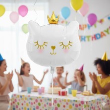 Dodomar 30 Inç Beyaz Kedi Kafası Taçlı Folyo Balon - Doğum Günü Parti Dekorasyon Balonu