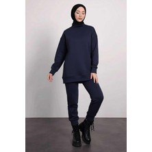 Tesettür Diyarı Kanguru Cepli Içi Polarlı Tesettür Takım- Lacivert