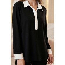 Crystalia Yaka ve Manşetleri Beyaz Polo Yaka Siyah Bluz