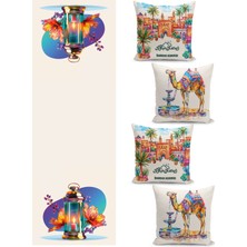 Filamente Ramazan Temalı Dörtlü Kırlent Kılıfı ve Runer Seti / Çift Taraflı Dijital Baskılı