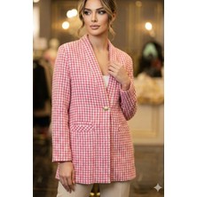 Crystalia Pembe Beyaz Pöti Kare Cep Detaylı Uzun Ceket