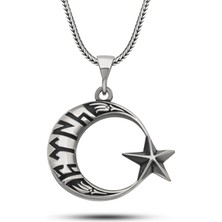 Aya Diamond Gümüş Göktürkçe Yazılı Ay Yıldız Erkek Kolye