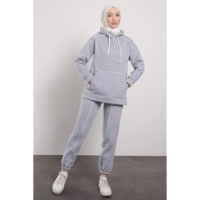 Tesettür Diyarı Şardonlu Şerit Detaylı Spor Tesettür Alt Üst Takım- Gri