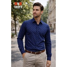 COLVİ'S MAN Erkek Siyah Klasik Regular Fit Likralı Baskılı Uzun Kol Gömlek Hediye Kutulu